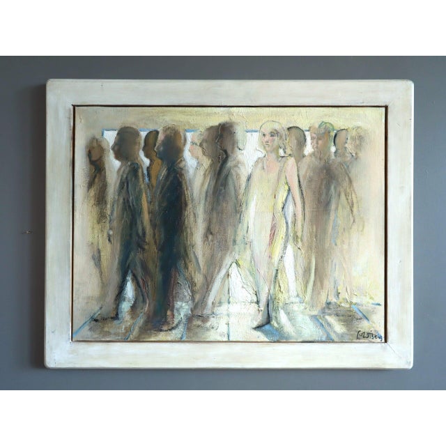 PASSING LIGHT Size: 18.3 x 23 inches (including frame) Oil on canvas An emotive mid-century figurative painting that...