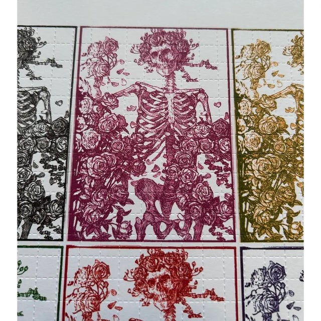 White Stanley Mouse Signed "Bertha" Skull & Roses Blotter Art | Multi-Color Printed, Grateful Dead Icons C .2000 For Sale - Image 8 of 9