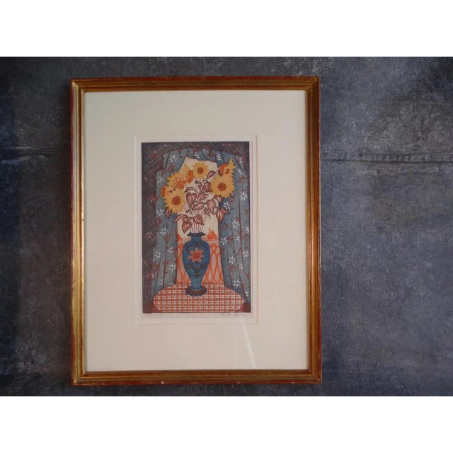 Printmaking Materials 1934 "The Bouquet" Floral Still Life Block Print by Anders Aldrin, Framed For Sale - Image 7 of 7