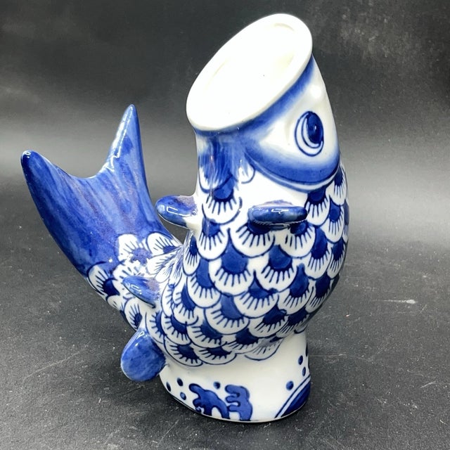 Vintage MCM Blue White Chinese Porcelain Koi Open Mouth Fish Vase For Sale In Dallas - Image 6 of 6