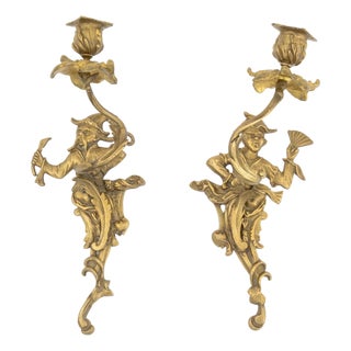 Louis XV Style Chinoiserie Brass Candle Sconces, 2 For Sale