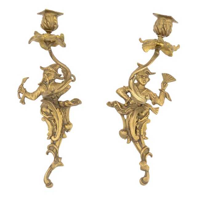 Louis XV Style Chinoiserie Brass Candle Sconces, 2 For Sale