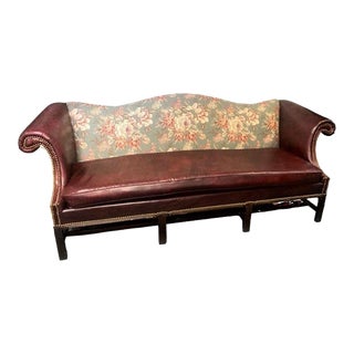 Vintage Hickory Chair Camelback Chippendale Sofa Reupholstered in New Leather and Schumacher Fabric - Mid 20th Century For Sale