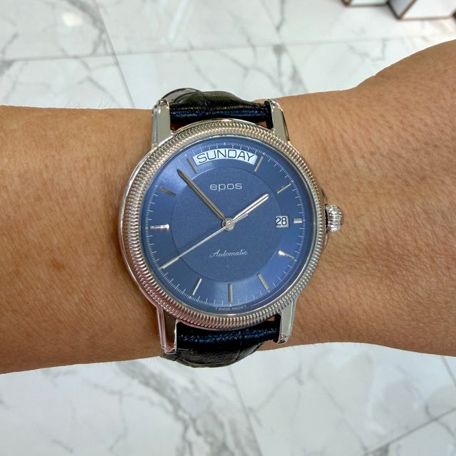 Silver Epos Passion Day Date 39mm 3217 Blue Dial Leather Strap Steel Automatic Watch For Sale - Image 8 of 8