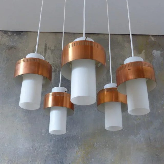 Mid-Century Scandinavian Copper and Opaline Glass Ceiling Lamp For Sale - Image 10 of 13