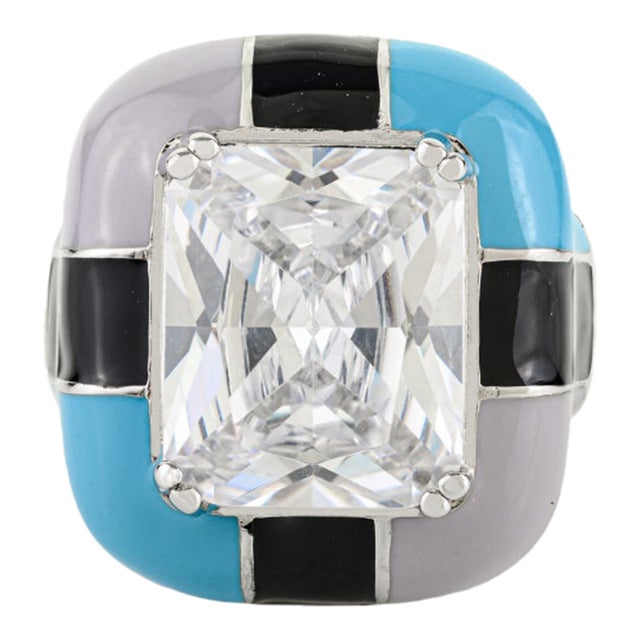 Sparkling Sterling Silver Enamel & Crystal Unisex Statement Ring by Carat&her- Size 8 For Sale