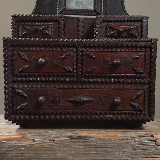 Wood Antique Chip Carved Tramp Art Tabletop Dresser With Decoupage and Mirror For Sale - Image 7 of 12