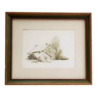 Late 20th Century Art Print Landscape of Old Farm House in Snow With Wreath on Door For Sale