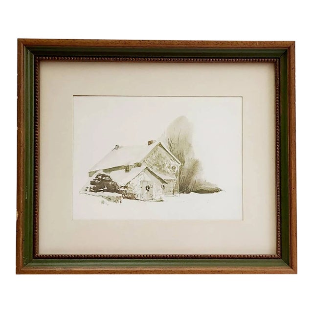 Late 20th Century Art Print Landscape of Old Farm House in Snow With Wreath on Door For Sale