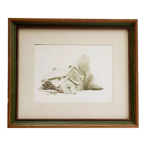 Late 20th Century Art Print Landscape of Old Farm House in Snow With Wreath on Door