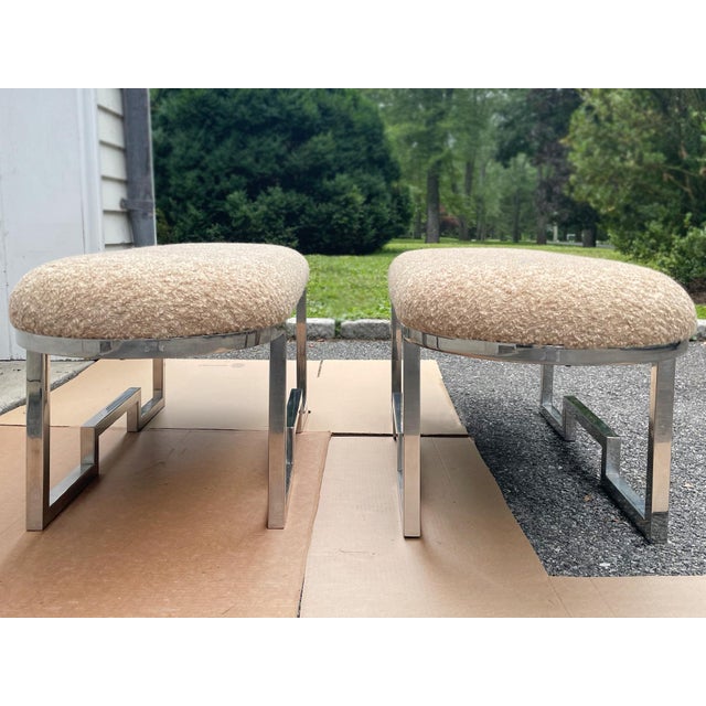 Mid-Century Modern Midcentury Chrome Benches With Bouclé Upholstery - A Pair For Sale - Image 3 of 15