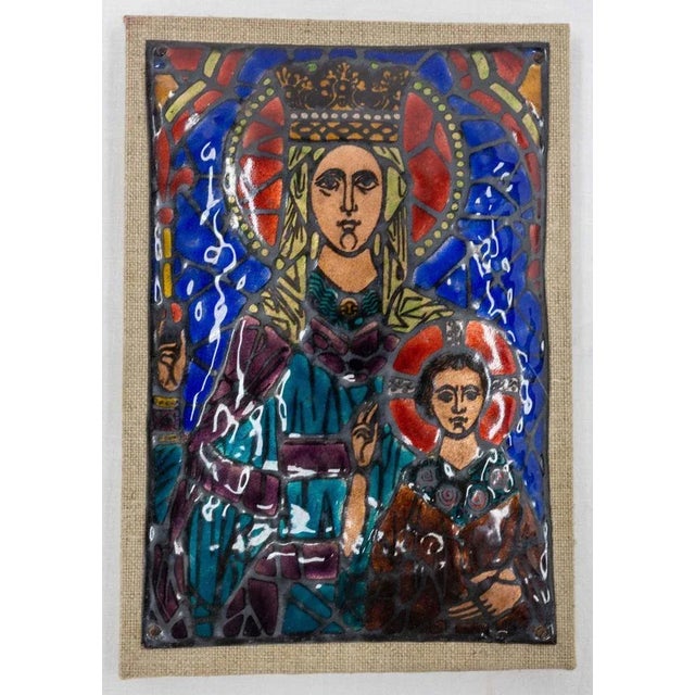 Virgin Mary and Baby Jesus enameled wall plaque. French, mid-century. Reproduction from a stained glass window of Reims...