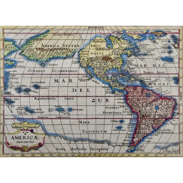 A 17th century hand-colored map of North & South America entitled "Americae Descriptio" by the cartographer Johannes...