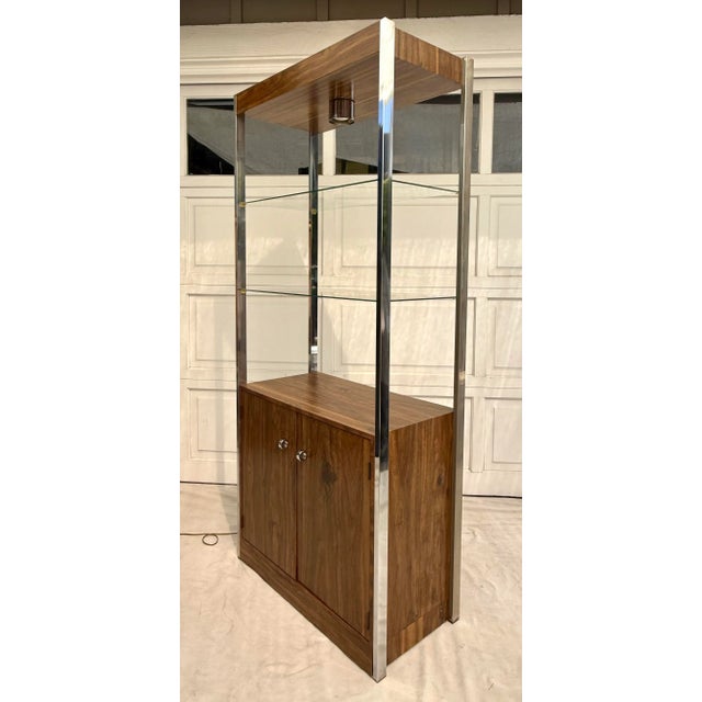 Brown Vintage Chrome and Faux Wood Etagere With Lighted Glass Shelves For Sale - Image 8 of 12