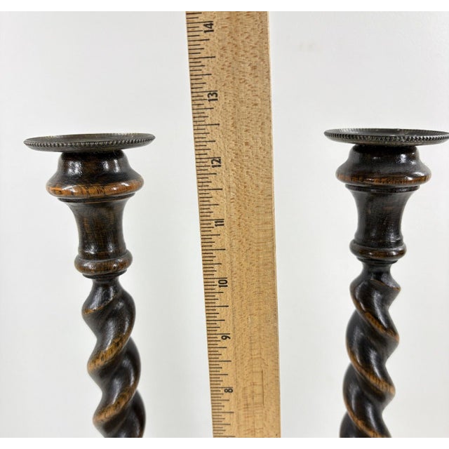 12.5” Antique English Oak Barley Twist Candlesticks With Brass Inserts - Pair For Sale - Image 12 of 14