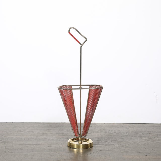 Mid-Century Modernist Sculptural Brass & Carnelian Red Enamel Umbrella Stand For Sale - Image 11 of 18