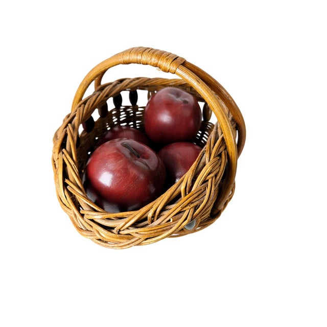 1990s Vintage Woven Basket Wood Beads Ceramic Lifesize Apples For Sale - Image 5 of 12