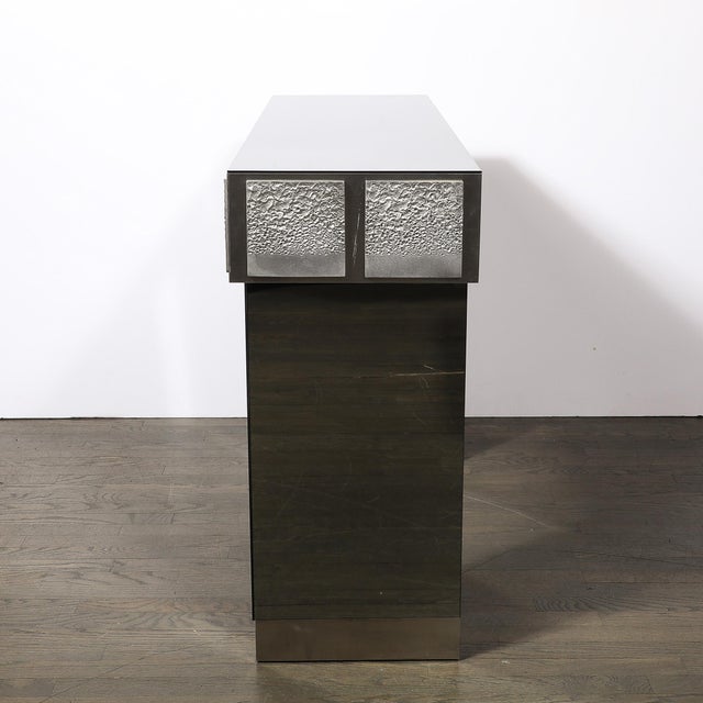 Modernist Mirrored & Polished Steel Console Table W/ Brutalist Tile Motif For Sale - Image 13 of 18
