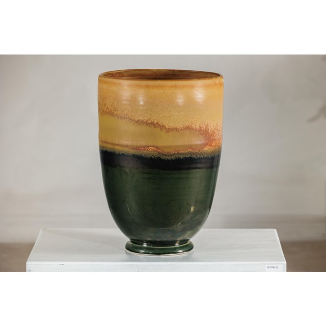 Late 20th Century Large Ochre and Green Glazed Ceramic Planter with Tiered Earth-Tone Finish For Sale - Image 9 of 18