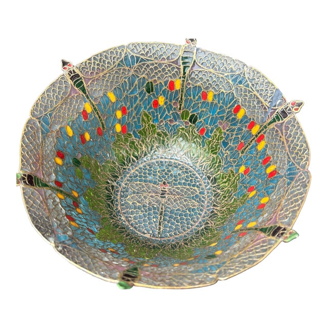Pristine 7" Vintage Chinese Plique-À-Jour Transparent Enamelled 7-Dragonfly Bowl For Sale