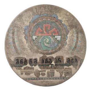 Vintage Signed Simone Vanguard Studios Hand-Painted Aztec Design Round Disk Wall Hanging For Sale