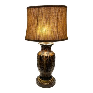 Designer Frederick Cooper Art Nouveau Style Ceramic Table Lamp With Original Woven Shade For Sale