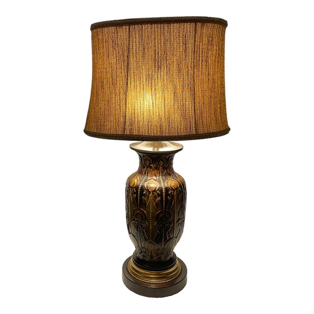 Designer Frederick Cooper Art Nouveau Style Ceramic Table Lamp With Original Woven Shade For Sale