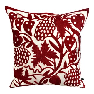 20" Embroidered White & Red Floral Pillow With Down Filling For Sale