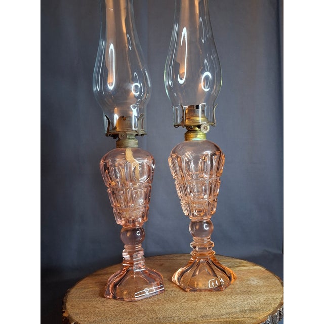 Vintage Pink Pressed Glass Kerosene Table Lamps - Matching Pair With Chimneys For Sale - Image 12 of 13