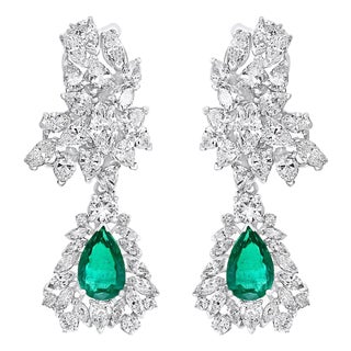 1960 Agl Certified Colombian Minor Traditional Emerald Diamond Drop Earrings Pt For Sale