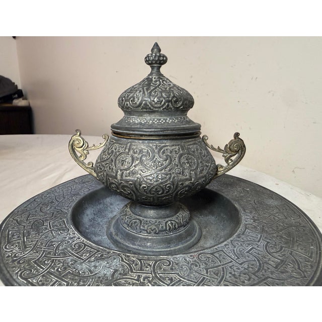 Victorian Large Antique Ornate 19th Century Victorian Metal Bronze Desk Inkwell Stand Jar For Sale - Image 3 of 13