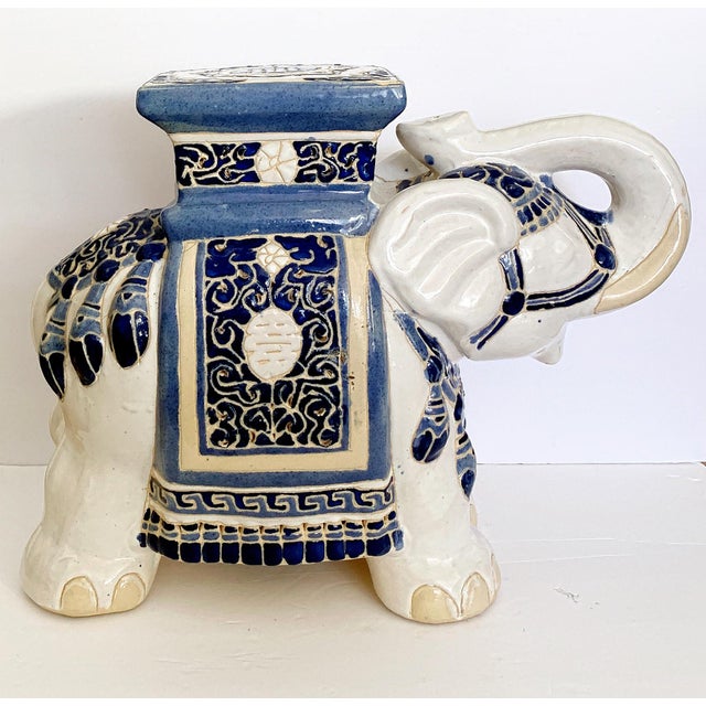 Beautiful large vintage ceramic elephant garden stool / side table, glazed in a refined blue and antique white palette....
