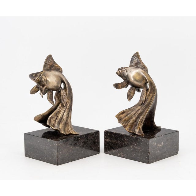 Art Deco Bronze Fancy Goldfish Bookends by Georges Raoul Garreau, 1920s, Set of 2 For Sale - Image 9 of 14