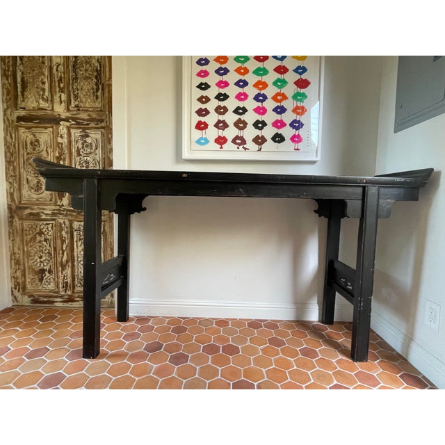 Wood Vintage Chinese Black Lacquered Altar Console Table For Sale - Image 7 of 9