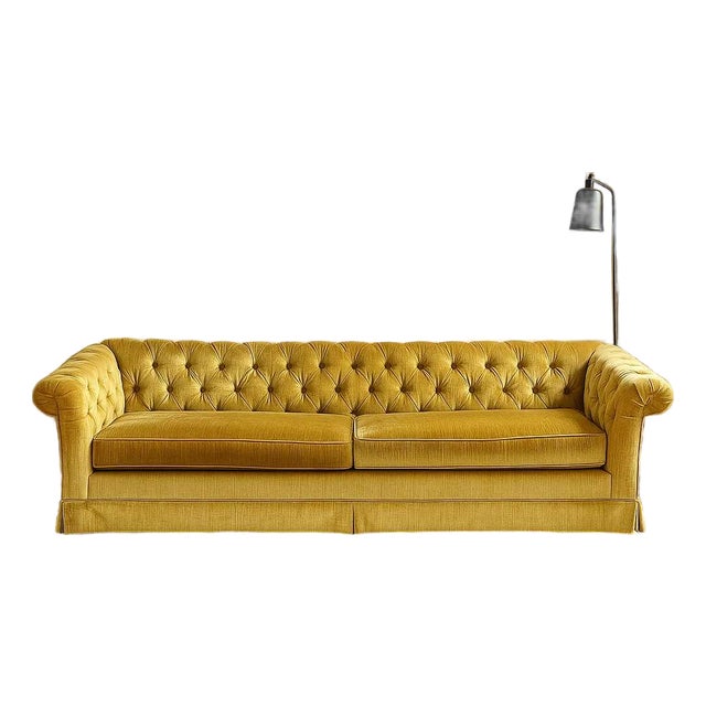Vintage Hollywood Regency Gold Velvet Tufted Sofa, Mid-Century For Sale