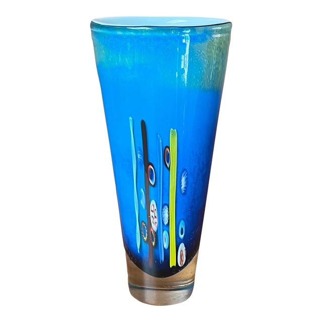 Vintage Hand Blown Blue Art Glass Vase With Colorful Inclusions For Sale