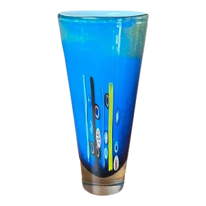 Vintage Hand Blown Blue Art Glass Vase With Colorful Inclusions