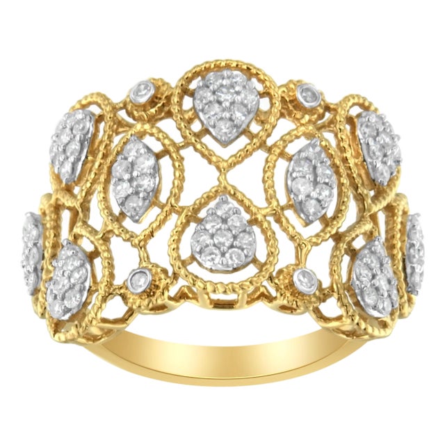 14K Yellow Gold Diamond Art Deco Ring (1/2 Cttw, H-I Color, I1 Clarity) - Size 8 For Sale