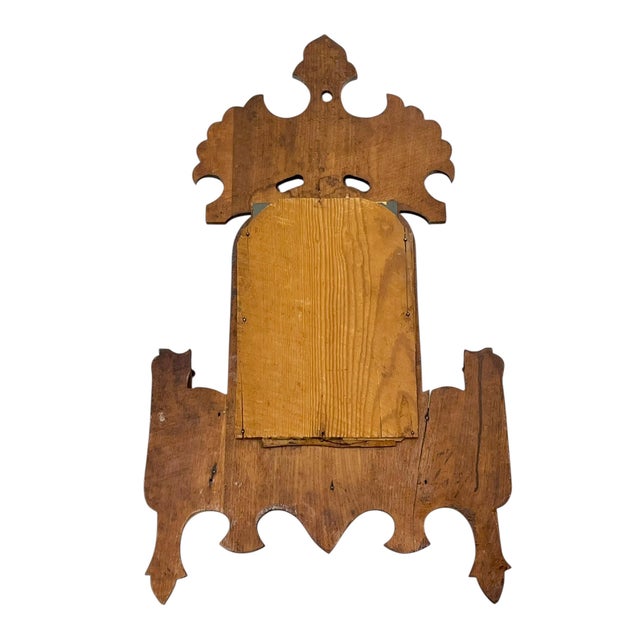 Antique Tramp Art Carved Wood Mirror With Candleholders and Pocket For Sale - Image 10 of 13