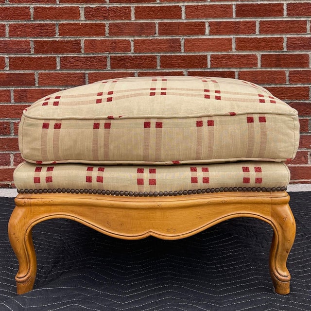 Baker Furniture Company Vintage Baker Furniture French Country Ottoman in Tan & Fruitwood For Sale - Image 4 of 12