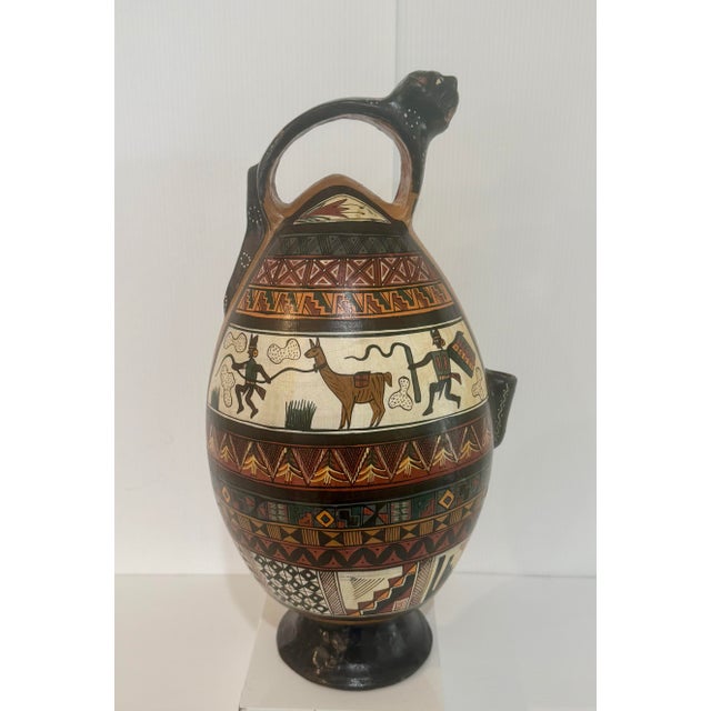 Mid 20th Century Large Peruvian Folk Art Pottery Vase With Jaguar Handle & Llama Motif 14” Tall For Sale - Image 12 of 12