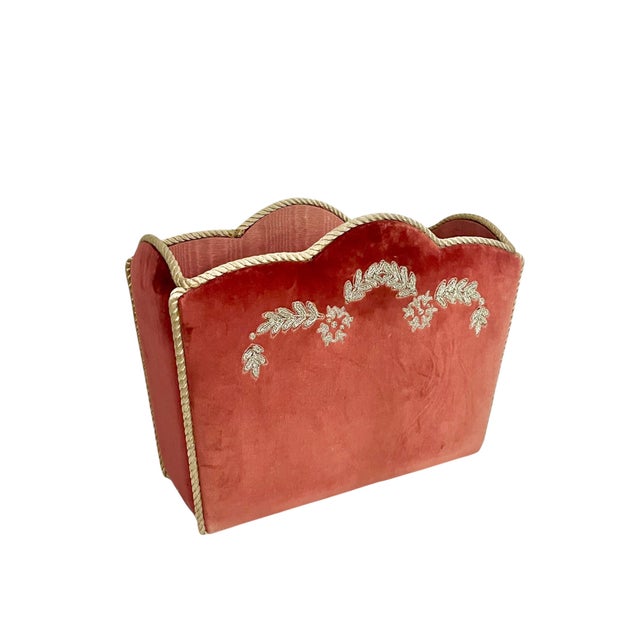 Absolutely fabulous vintage Italian Hollywood Regency magazine rack or book holder, upholstered in sumptuous rose-pink...
