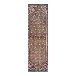 1960s Apricot Color, Vintage Persian Hamadan With Repetitive Pattern, Distressed Wool Hand Knotted, Runner Rug
