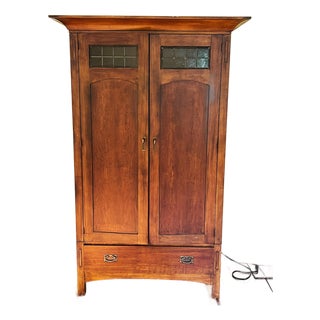 Romweber Arts & Crafts Solid Cherry Armoire With Leaded Glass For Sale