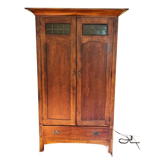 Romweber Arts & Crafts Solid Cherry Armoire With Leaded Glass For Sale