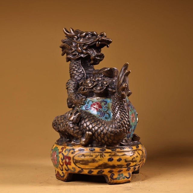 Vintage Cloisonne Enamel Dragon Sculpture – 9.1" Gilt Bronze Censer Figure For Sale - Image 4 of 10