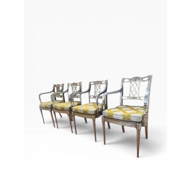 Hollywood Regency Set of 4 Maitland-Smith Silver & Gold Leaf Armchairs With New Caning & Cushions For Sale - Image 3 of 17