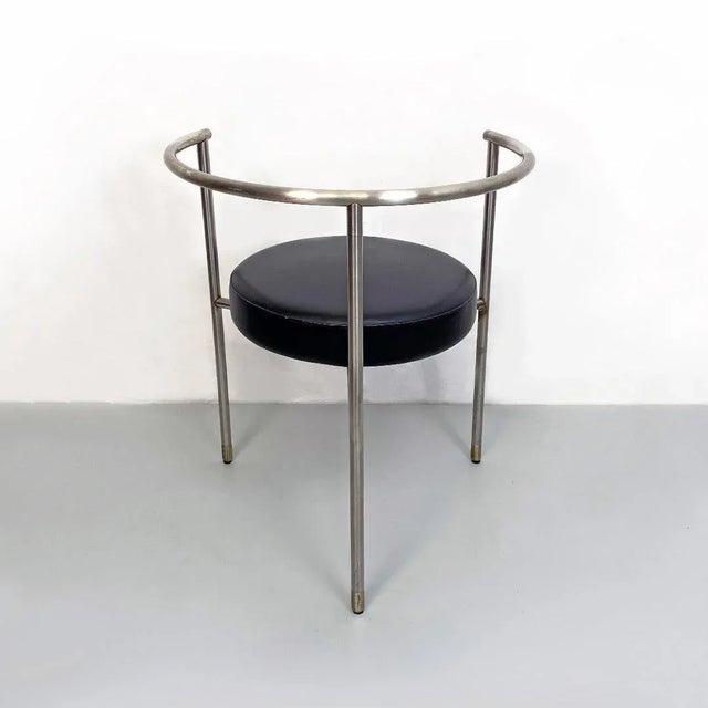 Post Modern Italian Cockpit Shape Leather & Steel Side Chair, 1980s For Sale - Image 3 of 16