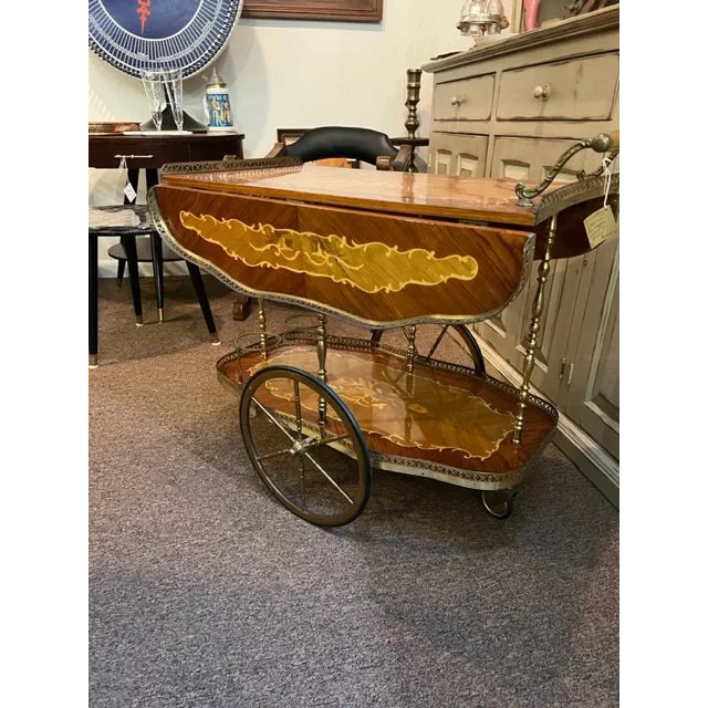 Brass Mid 20th Century Italian Floral Marquetry and Brass Service Bar Cart Trolley For Sale - Image 8 of 10