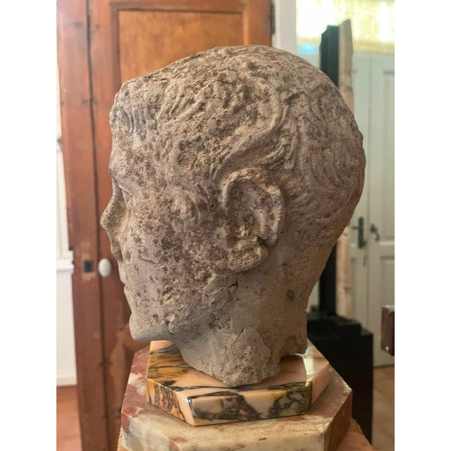Antique Carved Stone Head of a Roman Youth, Grand Tour Style Sculptural Fragment on Marble Plinth, 19th Century For Sale In New York - Image 6 of 10